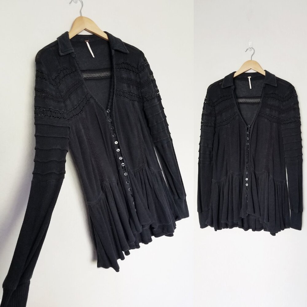 Free People Set To Stun Lace-Inset Low V Neck Collar Tunic Top Black XS $108 - Picture 8 of 16